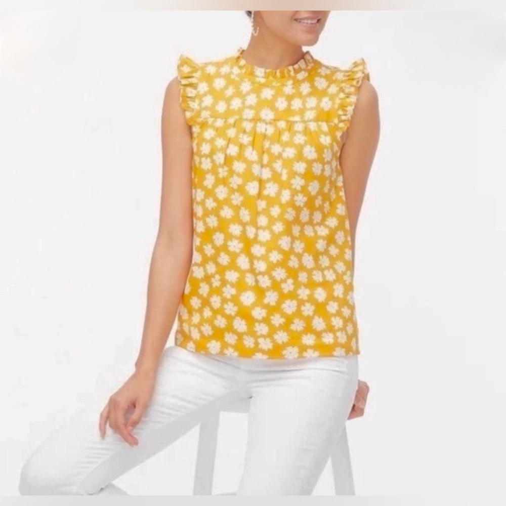 J Crew SMALL  Mustard Floral Poplin Ruffled Blouse Daisy Print Yellow COTTAGE